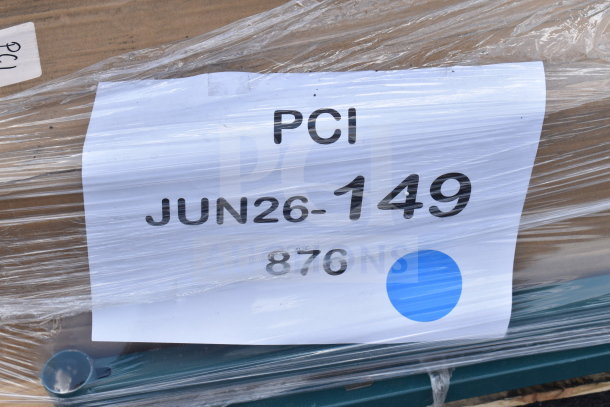 10 new scratch and dent items; includes wire shelving frame and utility cart. Label: PCI, JUN26-149, 876.