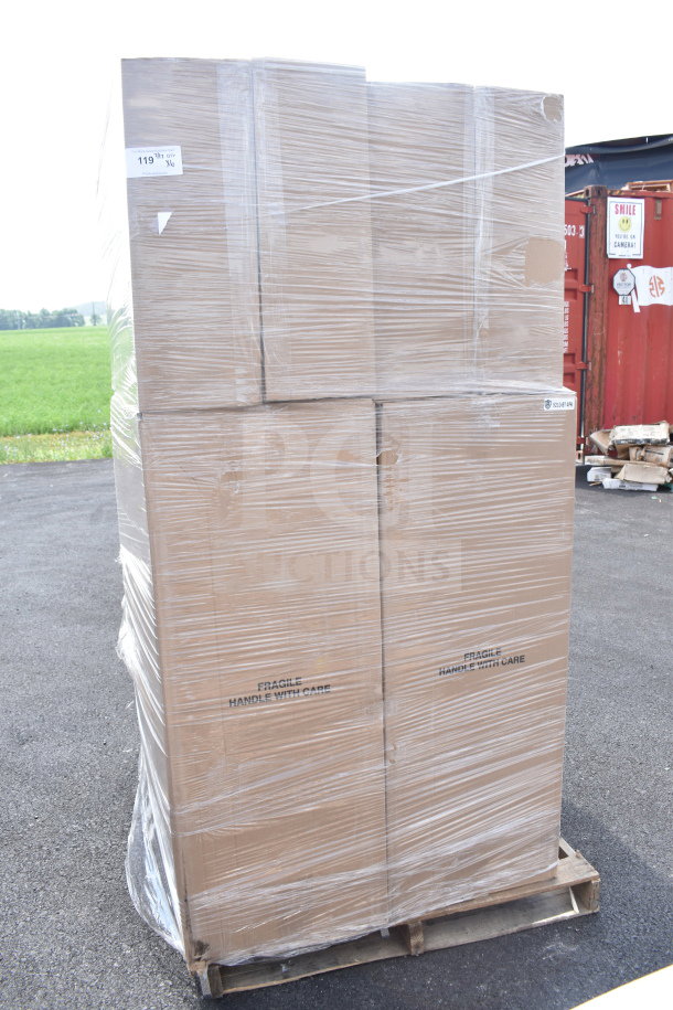 Pallet of boxed Lancaster Table & Seating black banquet chairs, stackable with 2" padded seat, silver vein frame, brand new.