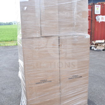 Pallet of boxed Lancaster Table & Seating black banquet chairs, stackable with 2" padded seat, silver vein frame, brand new.