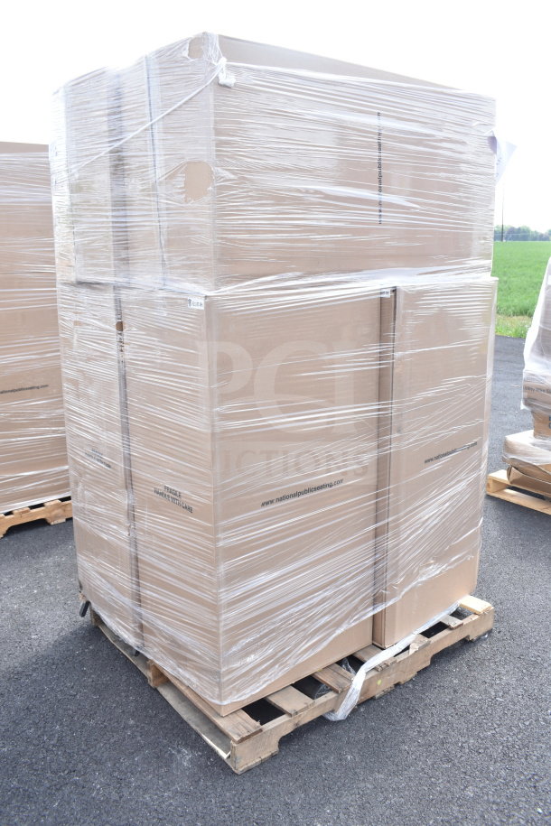 Six new Lancaster Table & Seating black banquet chairs with 2" padded seats, silver vein frames, wrapped on a pallet.