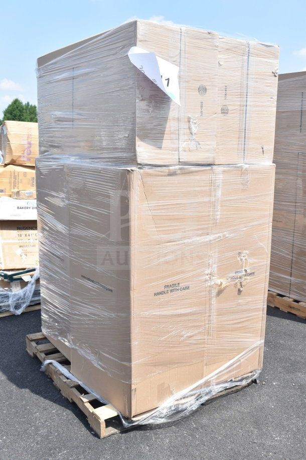 Six new Lancaster Table & Seating black banquet chairs in boxes, with 2" padded seats and silver vein frames. Boxes marked "Fragile."
