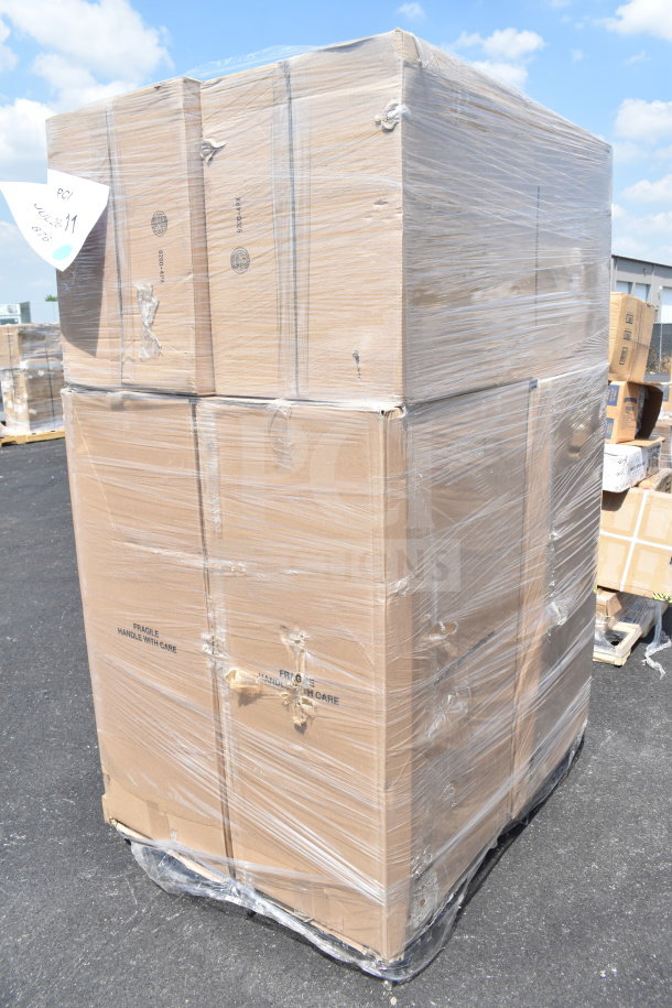 Shrink-wrapped pallet with boxes labeled "Fragile Handle With Care" containing six new Lancaster banquet chairs.