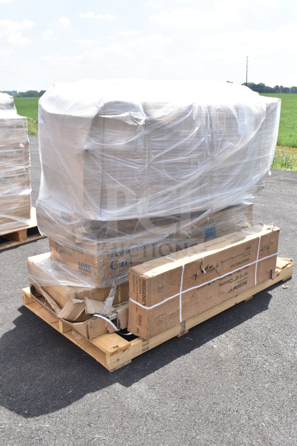 Pallet with six brand new items, including a folding chair and sink, wrapped in plastic. Boxes marked "Housekeeping Cart" and "Regency."