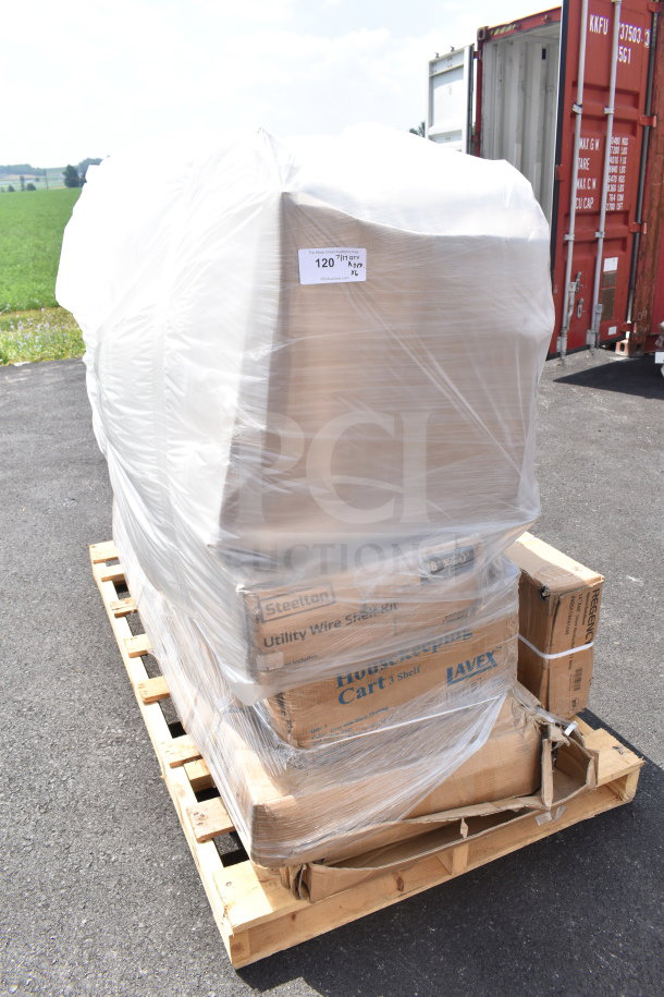 Pallet with 6 new scratch and dent items wrapped in plastic, includes folding chair, sink, Steelton shelf kit, and Lavex cart.