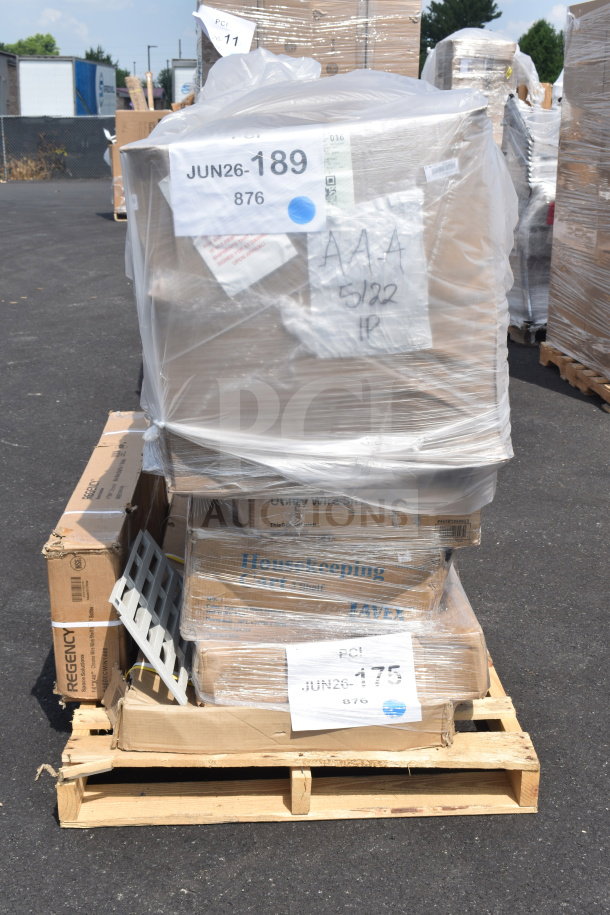 Wrapped pallet with new scratch and dent items including a folding chair and sink. Visible labels: JUN26-189 and JUN26-175.