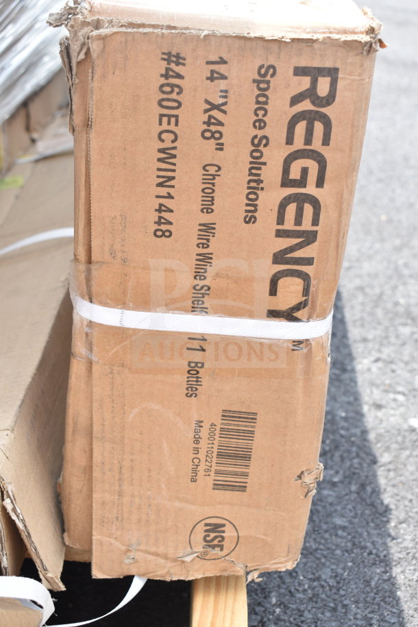 Damaged box labeled Regency Space Solutions, 14"x48" Chrome Wire Wine Shelf. Holds 11 bottles, NSF certified. Made in China.