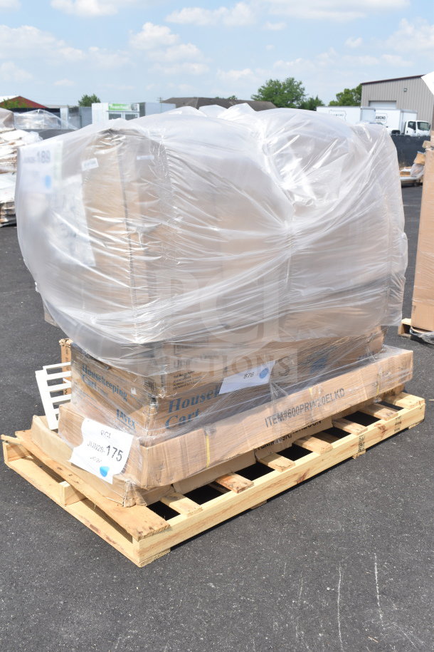 Pallet with 6 new scratch and dent items, including folding chair and sink, wrapped in plastic. Labels show "JUN26-175."