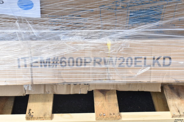 Shrink-wrapped pallet with box labeled "ITEM#600PRW20FLKD" containing six new scratch and dent items.