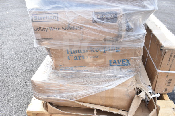 6-brand new scratch and dent items on pallet, including Steelton wire shelf kit and Lavex housekeeping cart. Items wrapped in plastic.