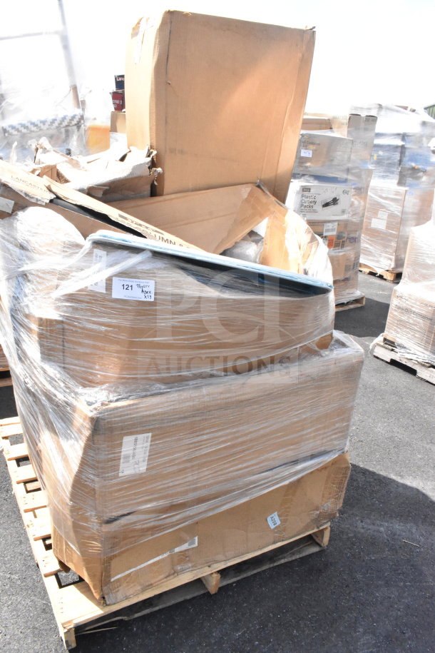 Auction pallet with 13 new scratch and dent items, including table base column, wrapped on wooden pallet. Item code 121ATX.
