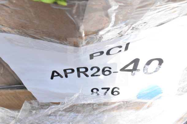 13 brand new scratch and dent items, including table base column. Labeled "PCI APR26-40 876".