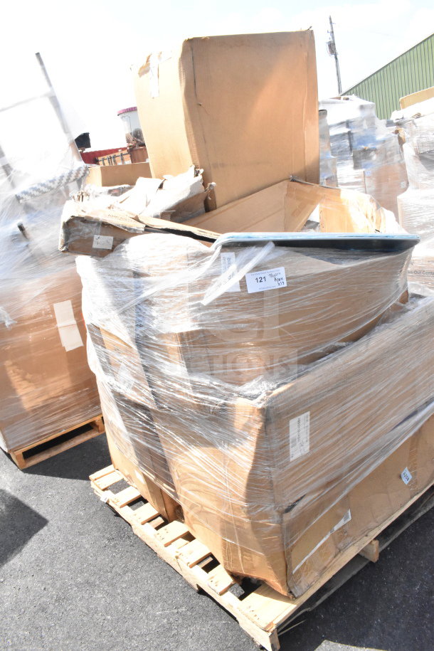 13 new scratch-and-dent items on pallet, including table base column, in original packaging, partially damaged boxes.