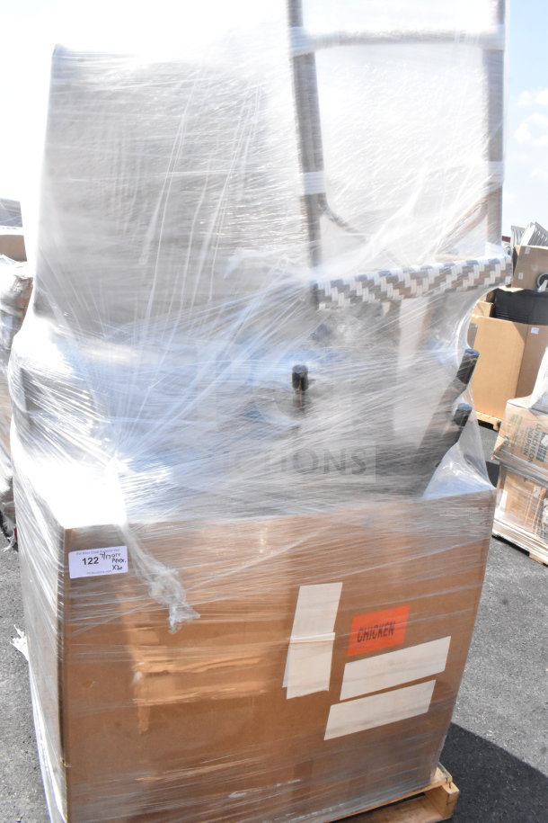 Plastic-wrapped pallet containing scratch and dent items, includes trash can and stools. Box labeled "CHICKEN."