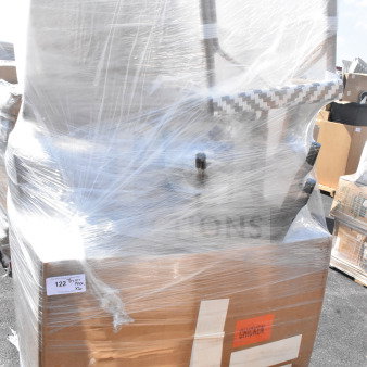 Plastic-wrapped pallet containing scratch and dent items, includes trash can and stools. Box labeled "CHICKEN."