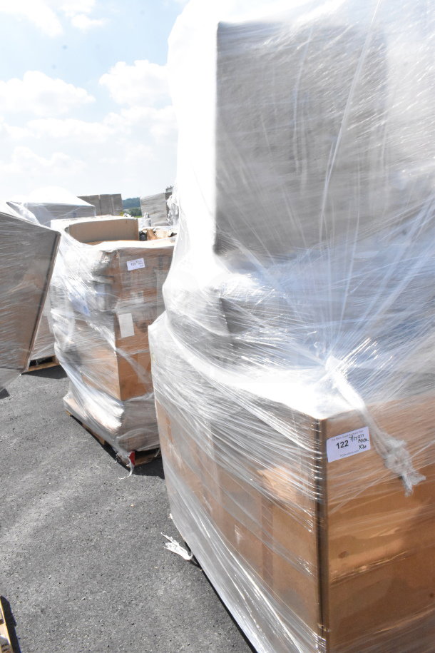 Plastic-wrapped pallets containing 20 new scratch and dent items including a trash can and stools, labeled "122".
