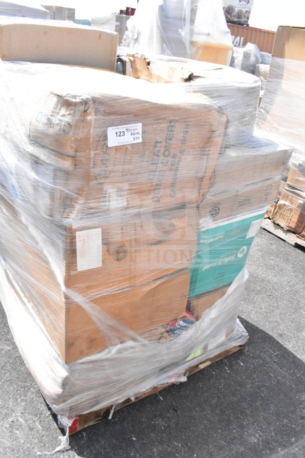 Pallet of 24 brand new scratch and dent items, including lids and dome covers, wrapped in plastic with visible labels.