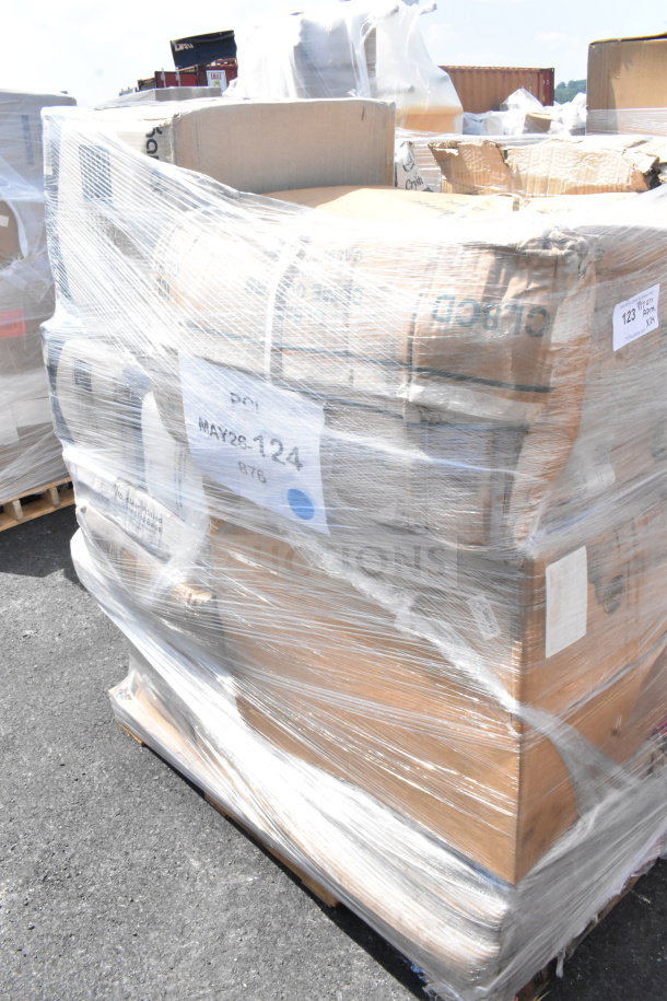 Plastic-wrapped pallet with 24 new scratch-and-dent items, including lids and dome covers. Marked "MAY26-124."