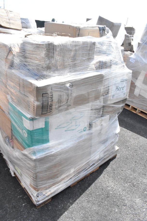 Pallet of 24 new scratch and dent items, wrapped in plastic. Includes lids and dome covers. Auction MAY26-124.