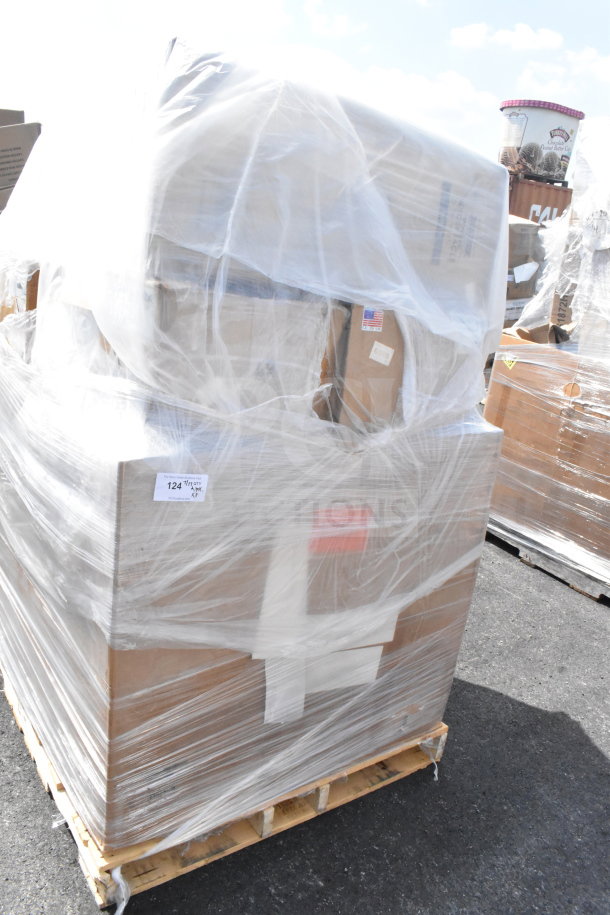 Pallet of 8 new scratch and dent items wrapped in plastic. Includes visible label with "124" and American flag sticker.