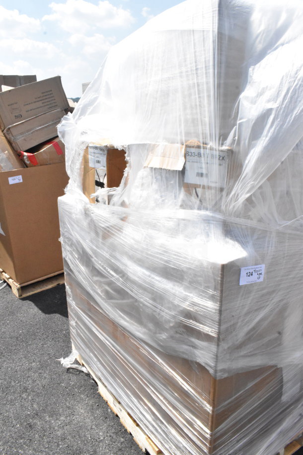 Pallet with 8 new scratch and dent items, wrapped in plastic. Visible torn boxes, labels with partial numbers "533-B" and "124."