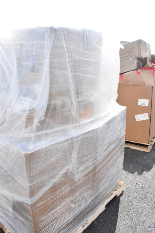 Shrink-wrapped pallet with 8 new items, showing boxes marked as scratch and dent. Cards with shipping labels visible.
