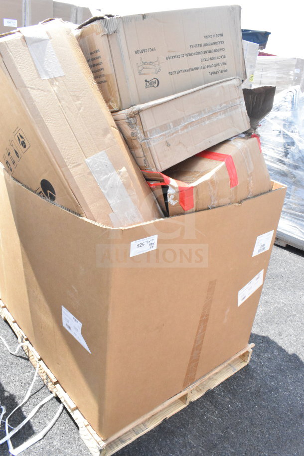 Bulk lot of 18 brand new scratch and dent items. Includes taco holder, fry pan, trash can. Boxed on a pallet.