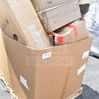 Bulk lot of 18 brand new scratch and dent items. Includes taco holder, fry pan, trash can. Boxed on a pallet.
