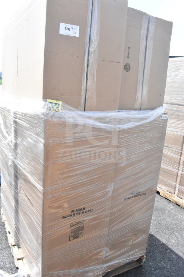 6 Lancaster Table & Seating Black Stackable Banquet Chairs in original packaging. Labels indicate "Fragile, Handle with Care."