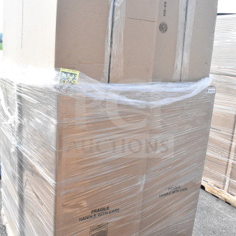 6 Lancaster Table & Seating Black Stackable Banquet Chairs in original packaging. Labels indicate "Fragile, Handle with Care."