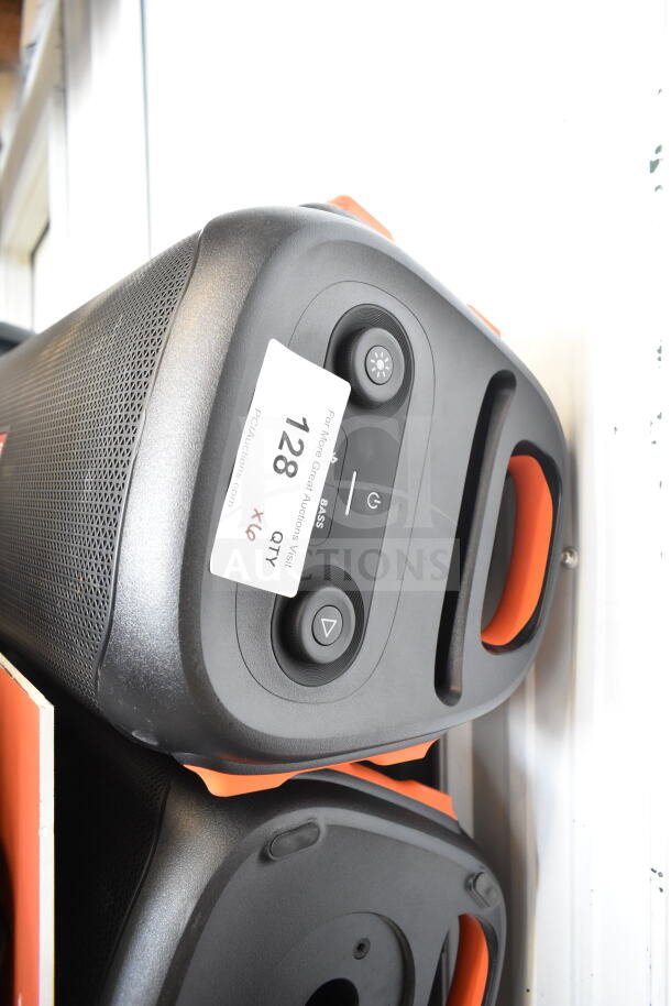 JBL speaker display, six units, with control panel and handle. Includes auction label "128 QTY x6" indicating batch sale.