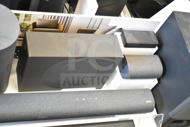 Store display of a 5.1.2 surround soundbar system, featuring a soundbar, subwoofer, and satellite speakers. Brand: Onn.
