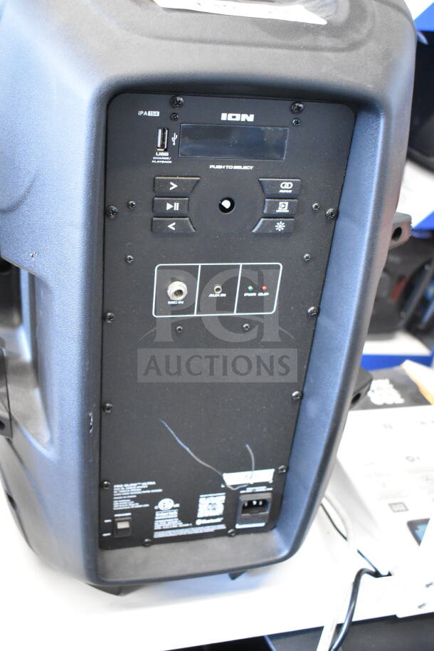 ION Pro Glow Ultra speaker rear panel with controls. USB and aux inputs visible. Store display condition. Model iPA154.