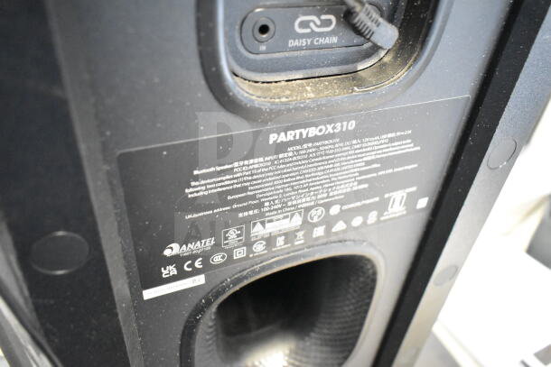 JBL Partybox 310 speaker with daisy chain port, store display condition, labeled features and specifications visible.