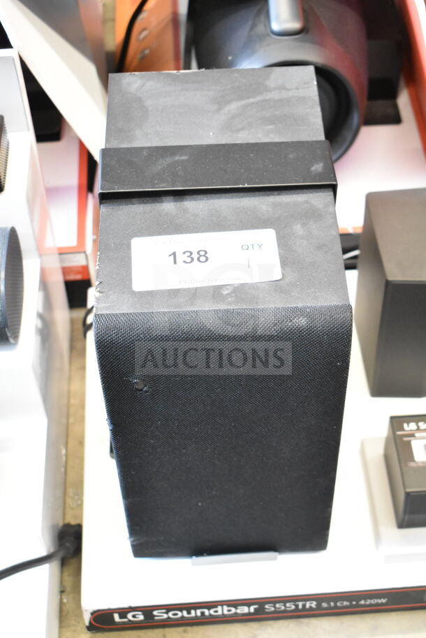 LG sound bar and 4 speakers store display. Features model S55TR, 5.1 channel, 420W power. Visible lot tag: 138.