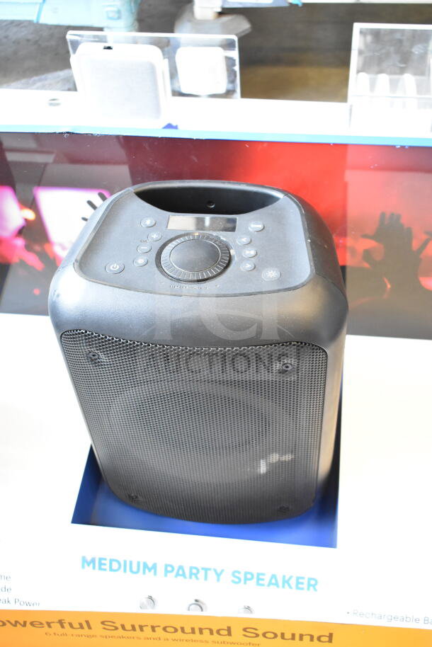 Display of 3 speakers: Ion, Onn Medium Party Speaker, Samsung. Features include sturdy design, user-friendly controls.
