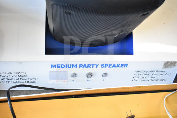 3-store display with Ion Speaker, Onn Medium Party Speaker, and Samsung Speaker. Features and specs are visible.