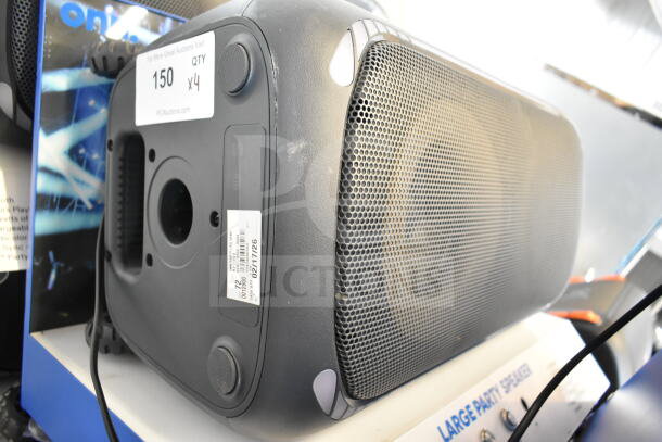 Onn large party speaker with grille front, display use. Tag indicates auction item quantity x4, item 150.