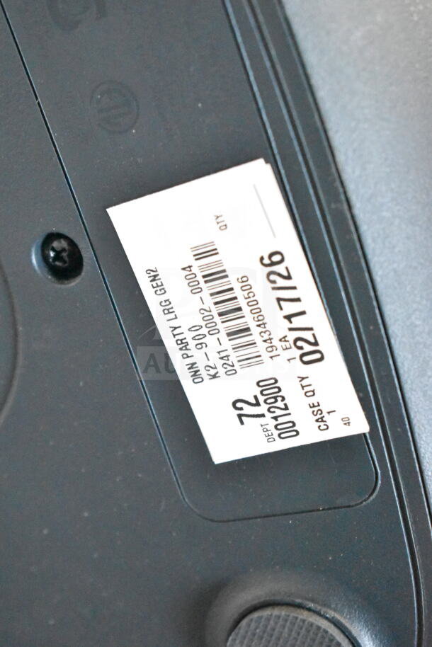 Onn Large Party Speaker, GEN2; label shows model K2-90-0002-0004, barcode 19434600506, case quantity 1.