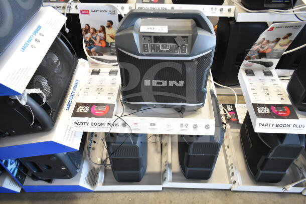 ION Party Boom Plus Speaker display, featuring three units. Bluetooth connectivity, wide-range sound, brand new condition.
