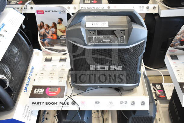 ION Party Boom Plus speaker display; features Bluetooth, wide-range sound, rechargeable battery. Auction: 3 units, as-is condition.