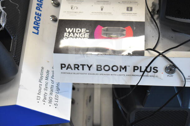 3 Store Display features Ion Party Boom Plus speaker, Bluetooth-enabled, with lights, wide-range sound, and 13 hours playtime.
