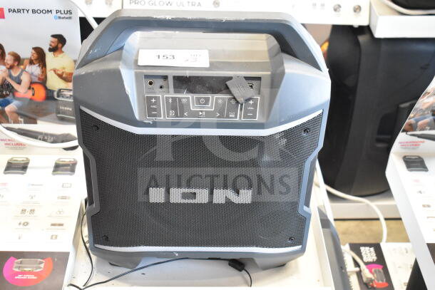 ION Party Boom Plus speaker on store display, featuring Bluetooth connectivity and control panel. Slightly worn condition.
