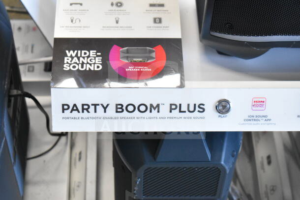 Ion Party Boom Plus speaker display with wide-range sound, Bluetooth, and lighting features. Includes Ion Sound Control app.
