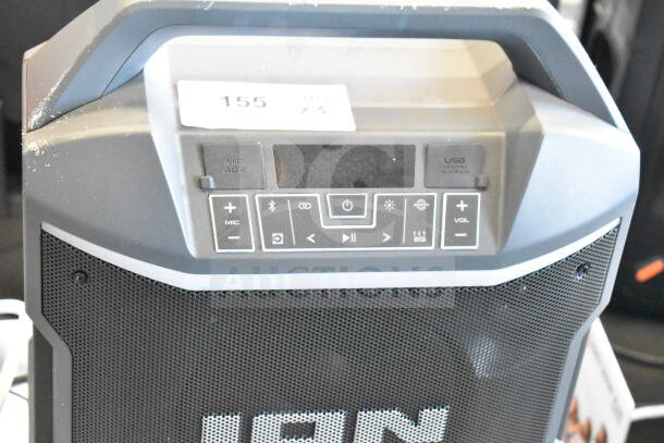 Ion Party Boom Plus Speaker with display controls, featuring mic/aux input, USB playback, and EQ settings. Includes three speakers.
