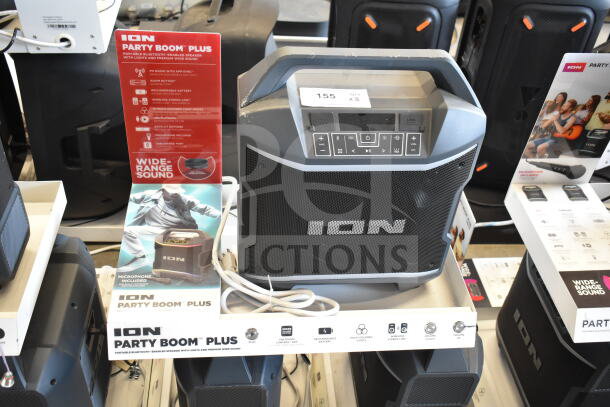 Ion Party Boom Plus Speaker display, featuring portable Bluetooth, multi-colored lights, and premium wide-range sound.