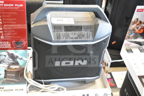 Ion Party Boom Plus speaker, store display unit. Features FM radio, Bluetooth, USB, mic input. Good condition.