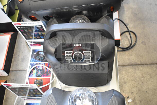 Ion Party Rocker Max speaker on display stand. Features control panel with various settings, good condition.