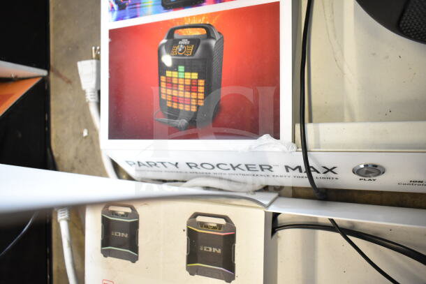 Ion Party Rocker Max Speaker display, featuring customizable lights and built-in amplifier. Includes three display units.