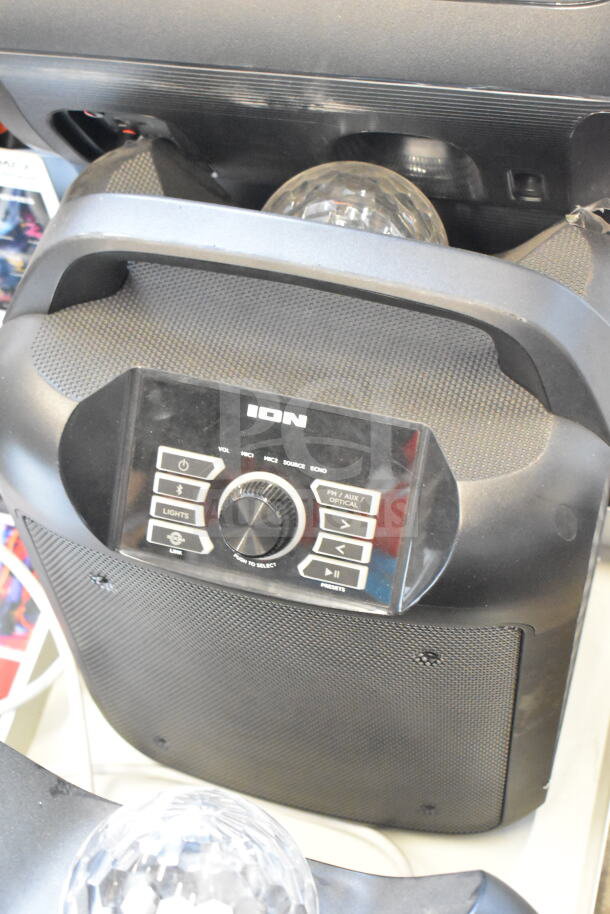 Ion Party Rocker Max speaker on store display, featuring control panel with buttons for volume, lights, and playback.
