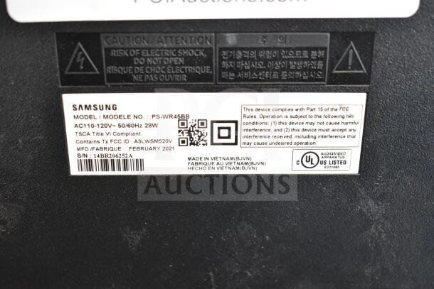 Samsung PS-WR45BB speaker label. Model: PS-WR45BB, 28W, 50/60Hz, Feb 2021, Made in Vietnam. UL certified.